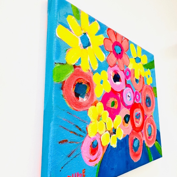 Original Painting Flowers Blue Vase 8"x10" Canvas Collectible One-of-a-Kind - Picture 3 of 7